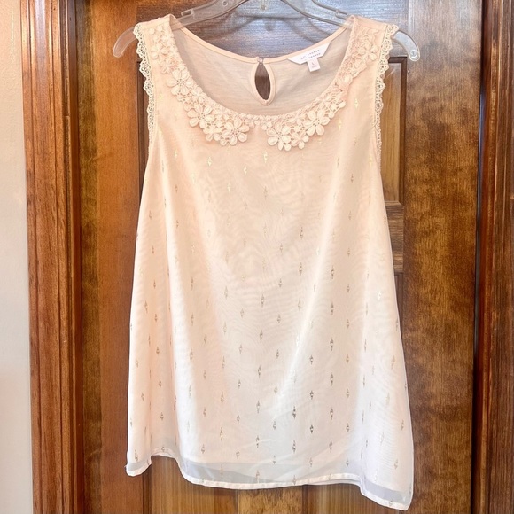 Tank Top Lauren Conrad Floral Crochet Lace Trim Metallic Gold‎ Print Sz L EUC - Picture 1 of 13